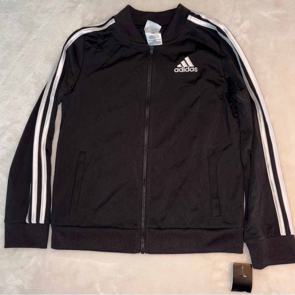 NWT Adidas Girls | Large | Black Track Bomber Zip Up Jacket & White Stripes